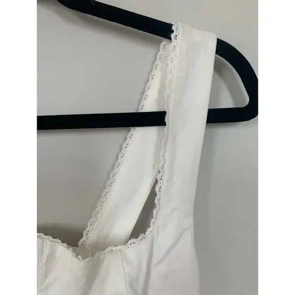 o.p.t Marina White Linen Midi Dress – Fitted Bodice w/ Lace Trim, Size 2 - Picture 7 of 10